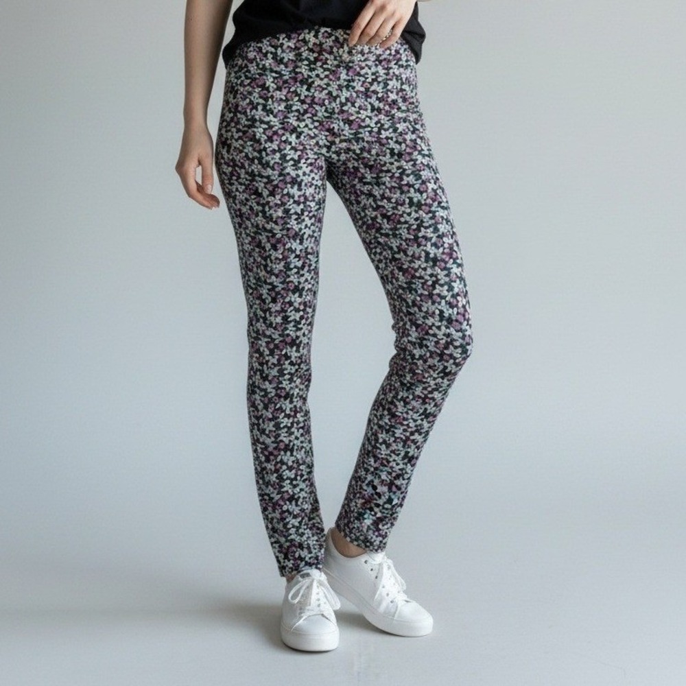 Bethany Mota Floral‎ Leggings Womens Medium Black Purple White Stretch Pants